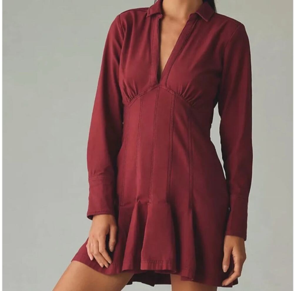 Anthropologie Pilcro Long-Sleeve V-Neck Seamed Mini Dress Size 16 Autumn Berry